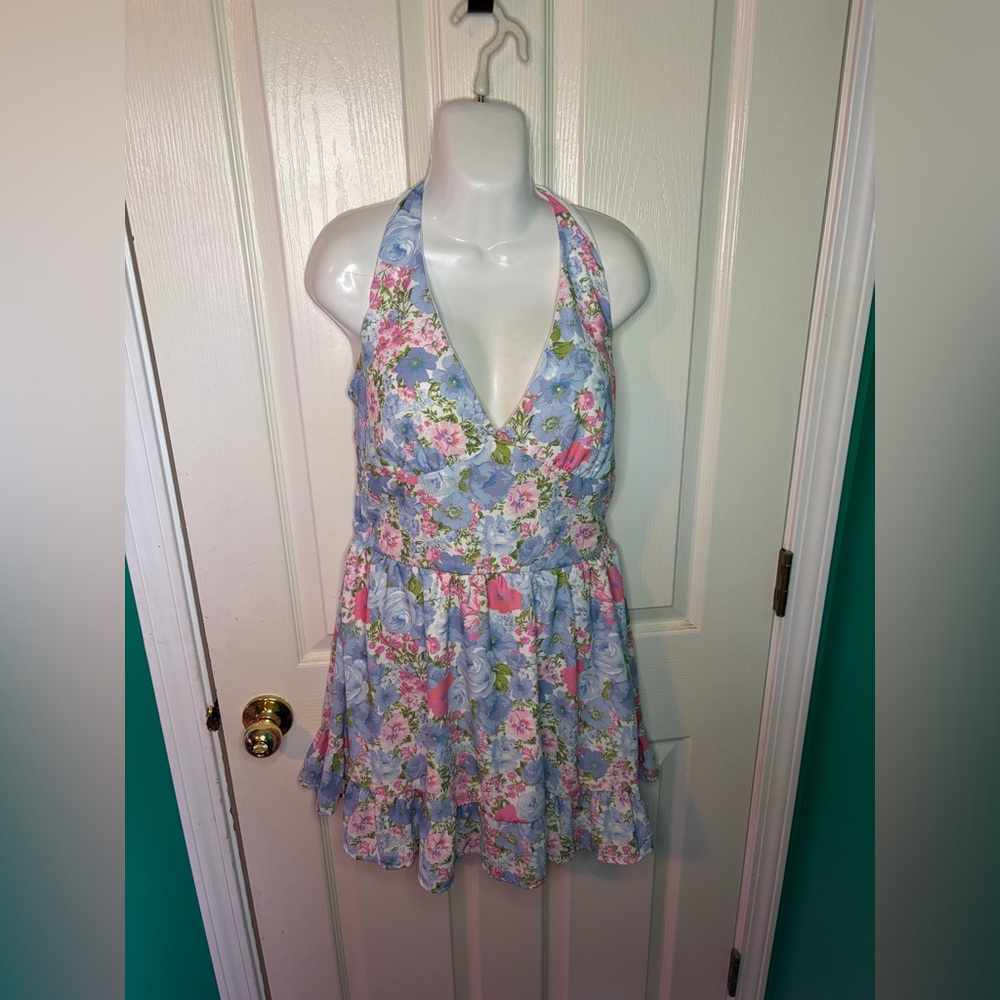Originality Floral Halter Backless Tie Ruffle Short Sundress